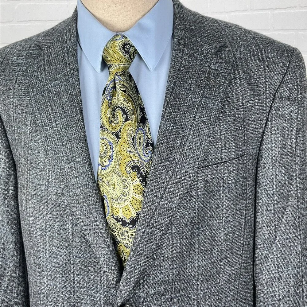Hart Schaffner Marx Blazer Men 42R Gray Blue Plaid‎ Gold Trumpeter Carlanda USA